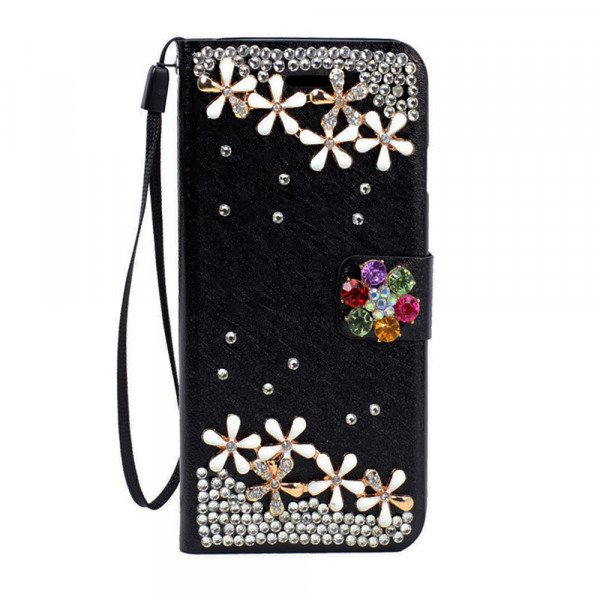 Wholesale Galaxy S6 Crystal Flip Leather Wallet Case with Strap (Rainbow Flower Black)